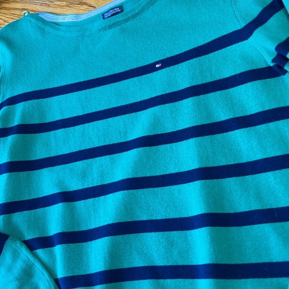 Tommy Hilfiger Pima Cotton sweater. Green/navy stripe gold buttons, Size Large. - Picture 2 of 13